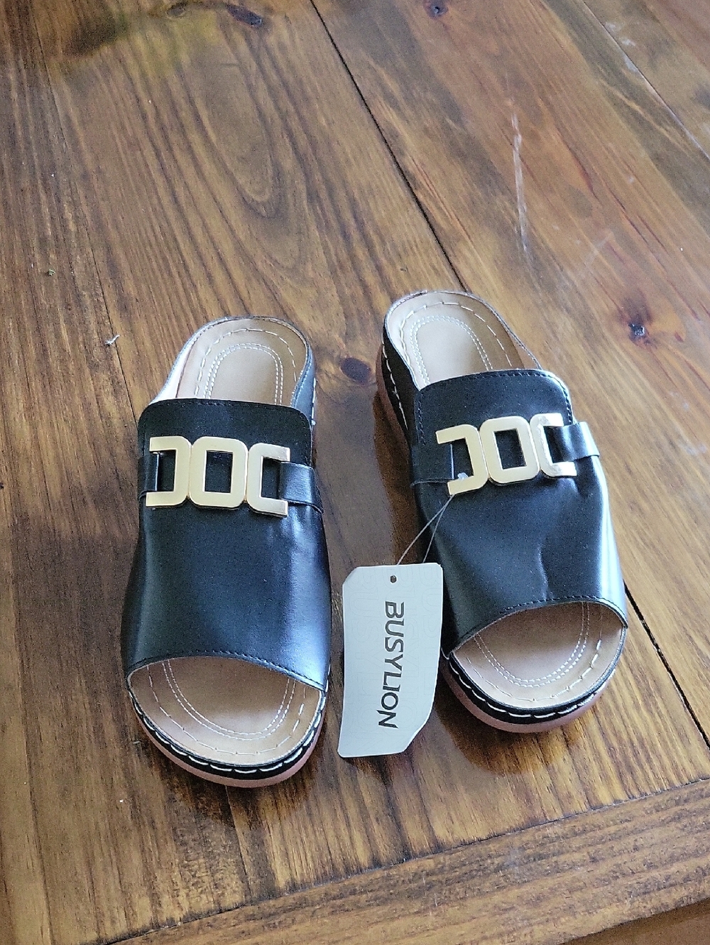 Black Slip-On Mule Sandals with Gold Accent